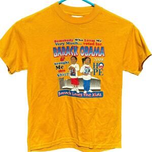 Barack Obama 2008 Somebody who loves me voted for yellow kids shirt Size Y Med